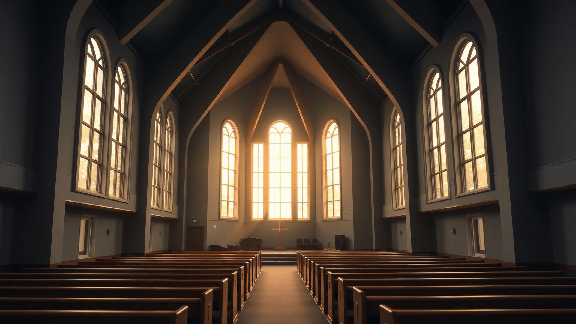 Interior de igreja com janelas em arco e luz dourada